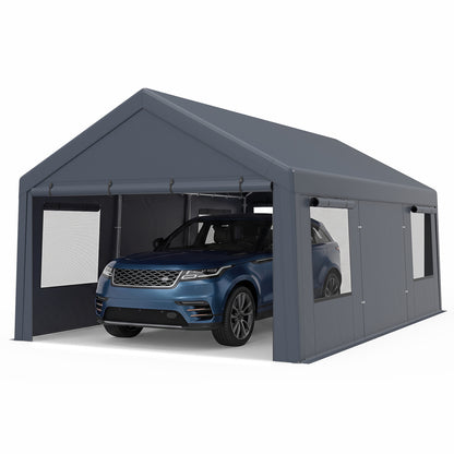 Garage portable 10x20 PI, 2 portes et 4 fenêtres en maille, gris