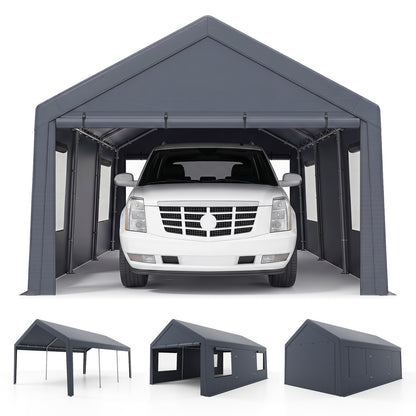 Garage portable 10x20 PI, 2 portes et 4 fenêtres en maille, gris