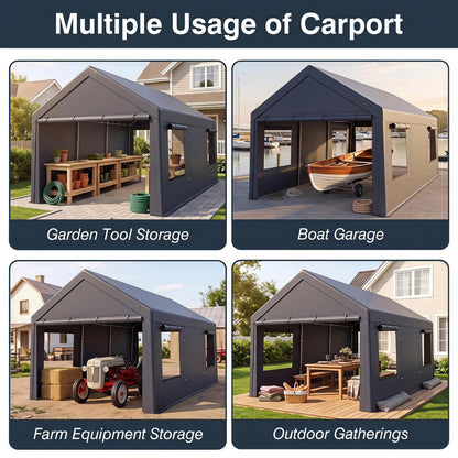 Garage portable 10x20 PI, 2 portes et 4 fenêtres en maille, gris