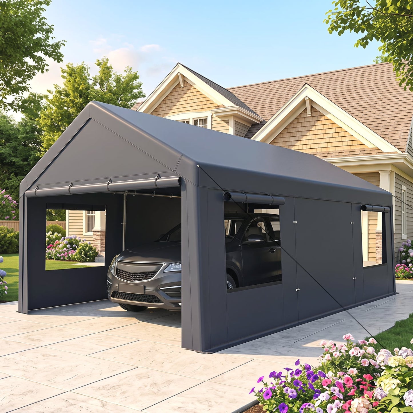 Garage portable 10x20 PI, 2 portes et 4 fenêtres en maille, gris