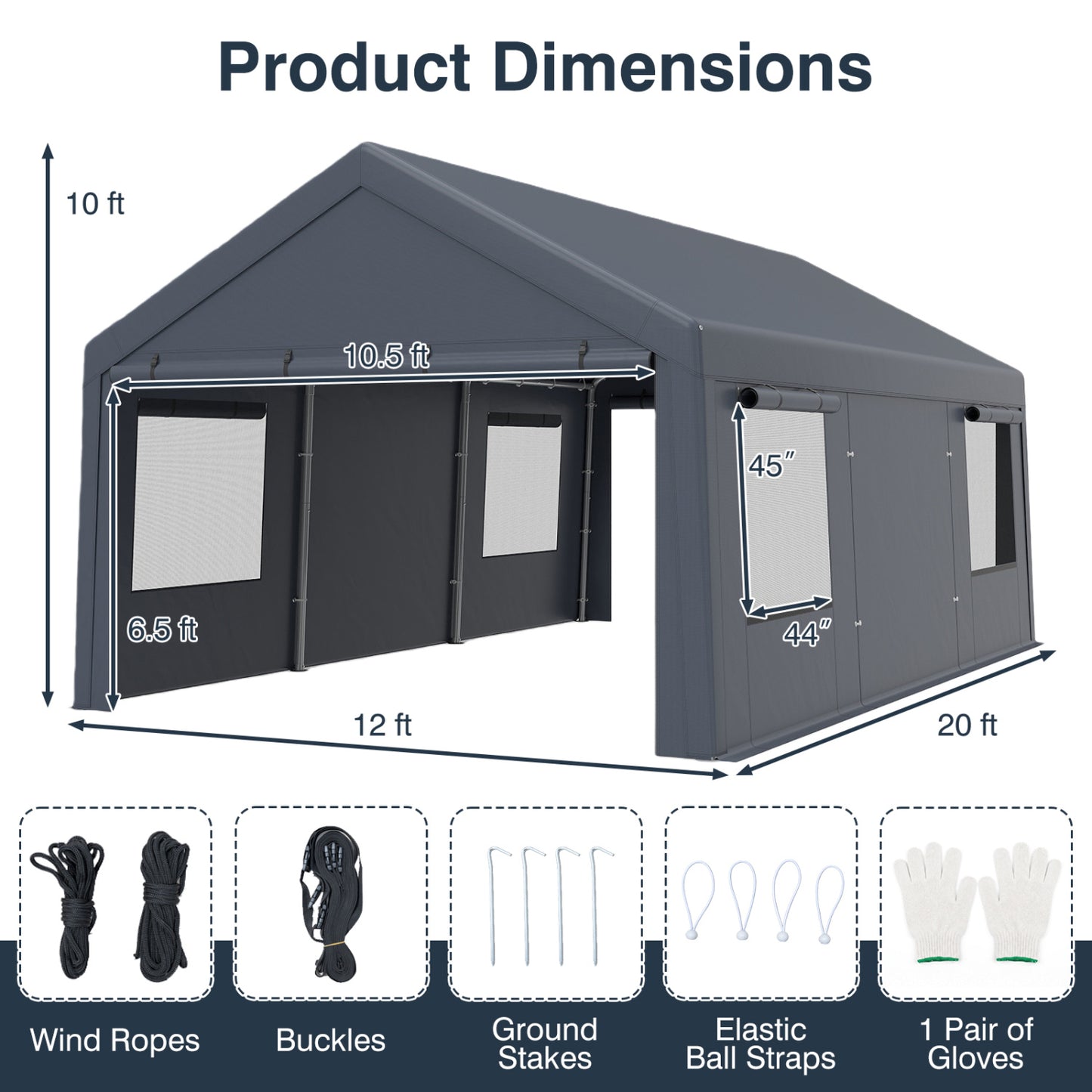 Garage portable 10x20 PI, 2 portes et 4 fenêtres en maille, gris