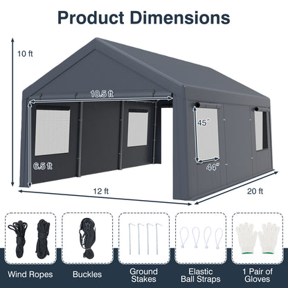 Garage portable 10x20 PI, 2 portes et 4 fenêtres en maille, gris