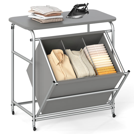 3-Section Laundry Sorter, Foldable Ironing Board, Lockable Wheels, Gray Laundry Baskets Gray at Gallery Canada