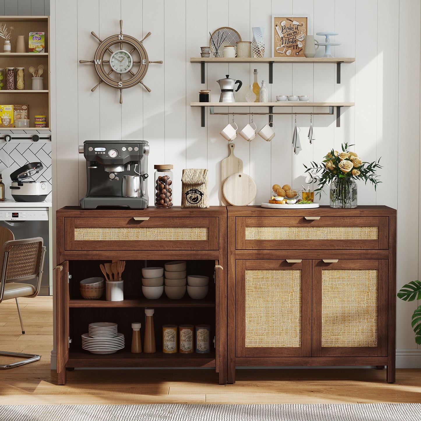 Sideboard Storage Cabinet, Rattan Doors And Drawer, Brown Sideboards Cabinets & Buffets at Gallery Canada
