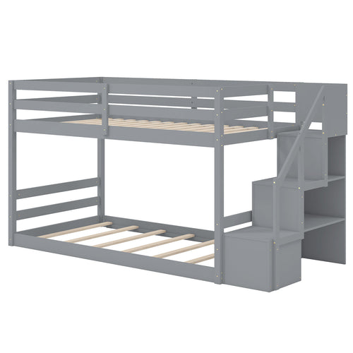 Twin Over Twin Low Bunk Bed With Storage Stairs, Solid Wood Frame, Gray