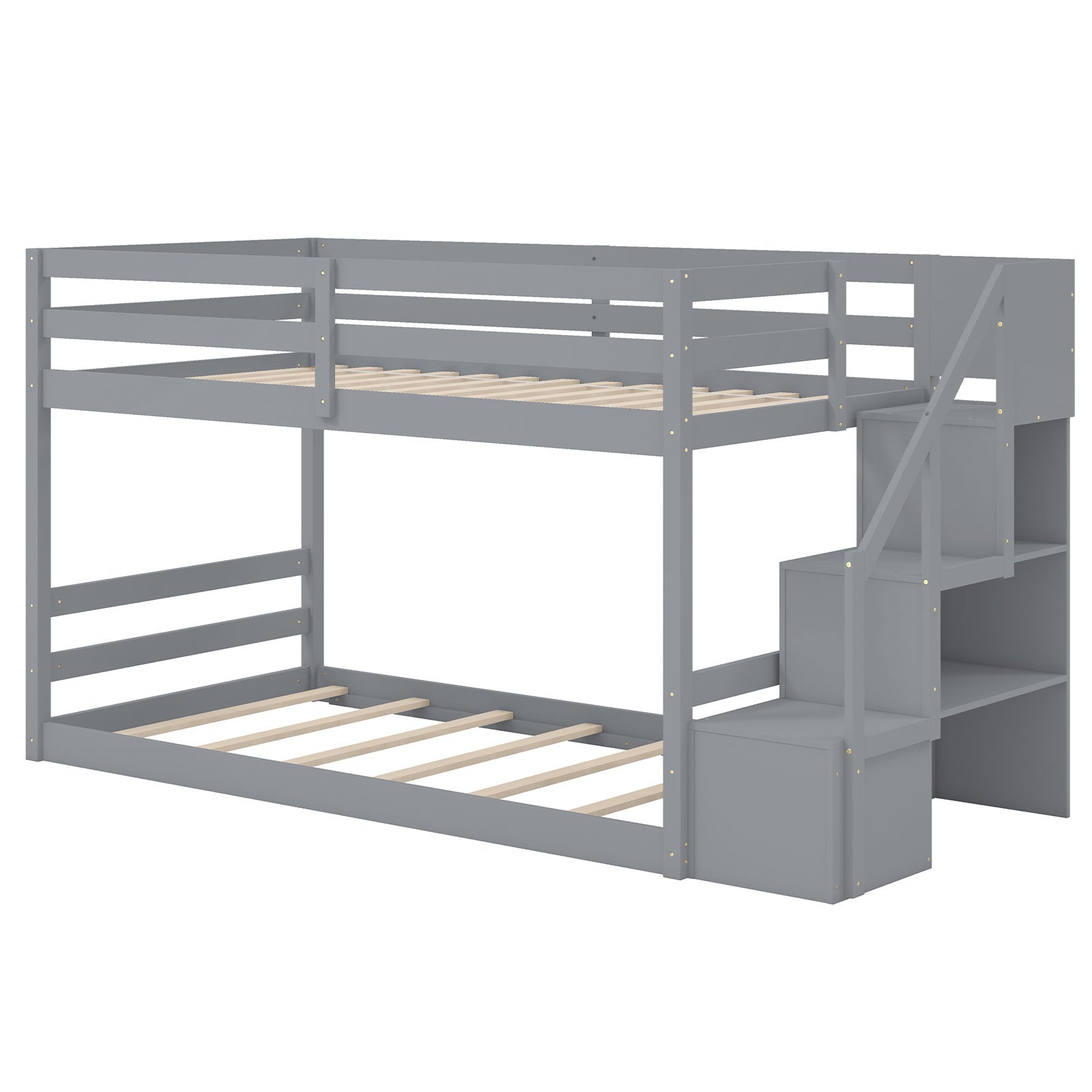 Twin Over Twin Low Bunk Bed With Storage Stairs, Solid Wood Frame, Gray Bunk Bed Frame at Gallery Canada