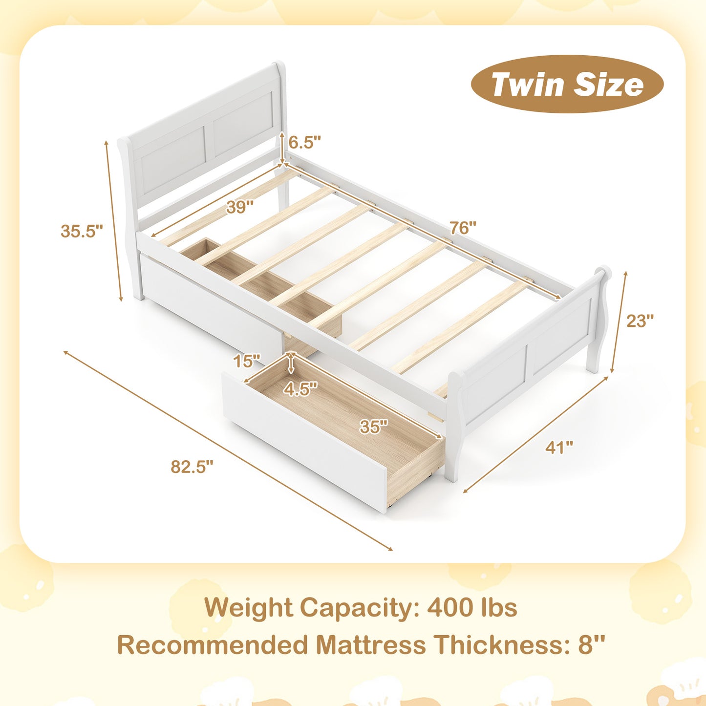 Twin Size Sleigh Bed, 2 Storage Drawers, Wood Platform Frame, White Simple Bed Frame at Gallery Canada