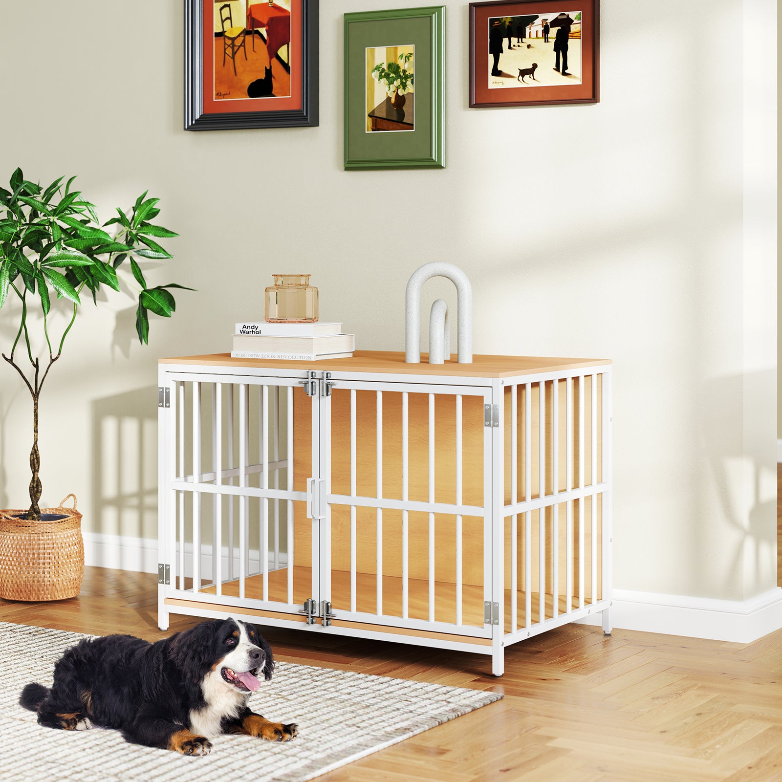 40 Inch Dog Crate Furniture With Dual Lockable Doors, Natural Dog Kennels at Gallery Canada