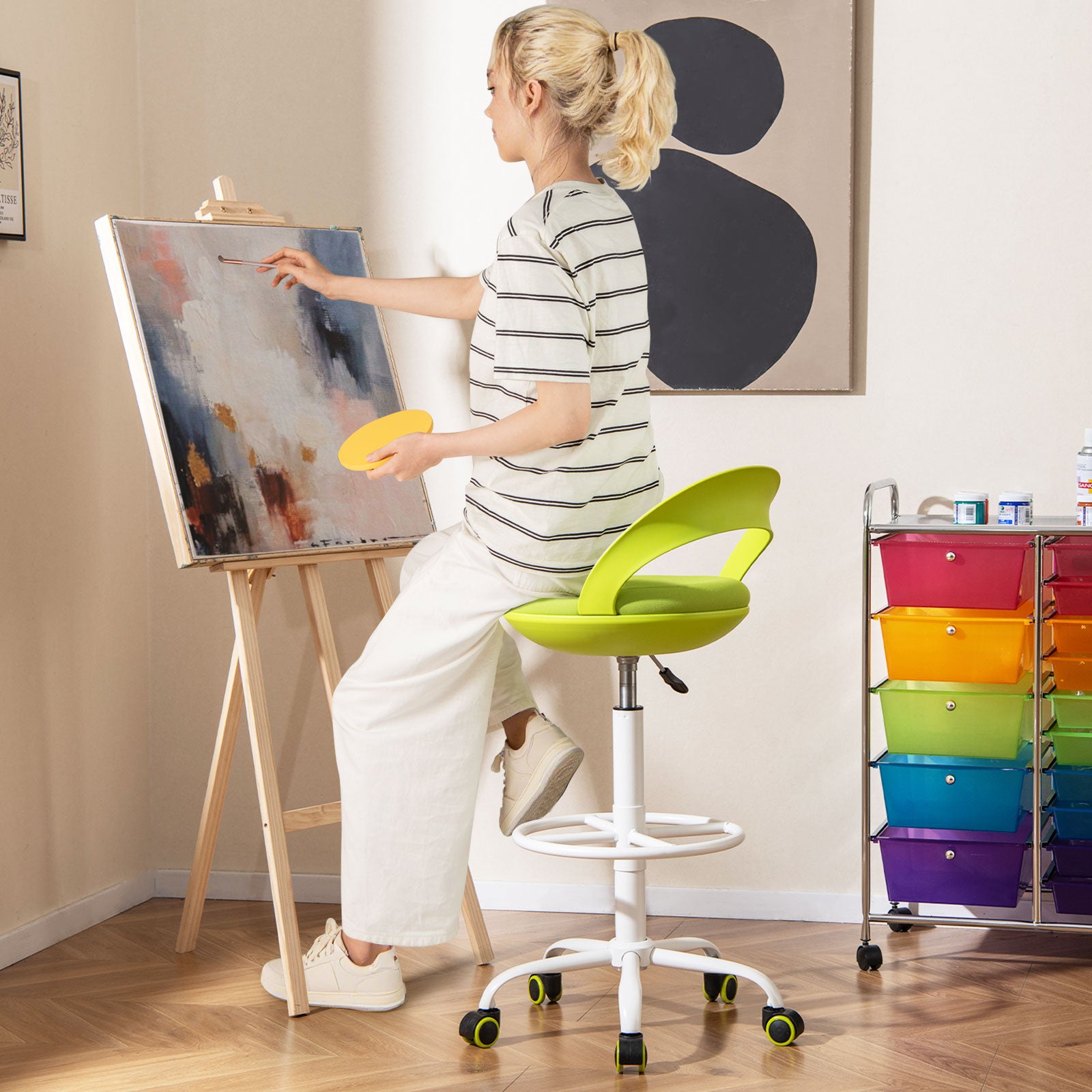 Rolling Tall Drafting Stool With Wheels, Green Armless Chairs at Gallery Canada