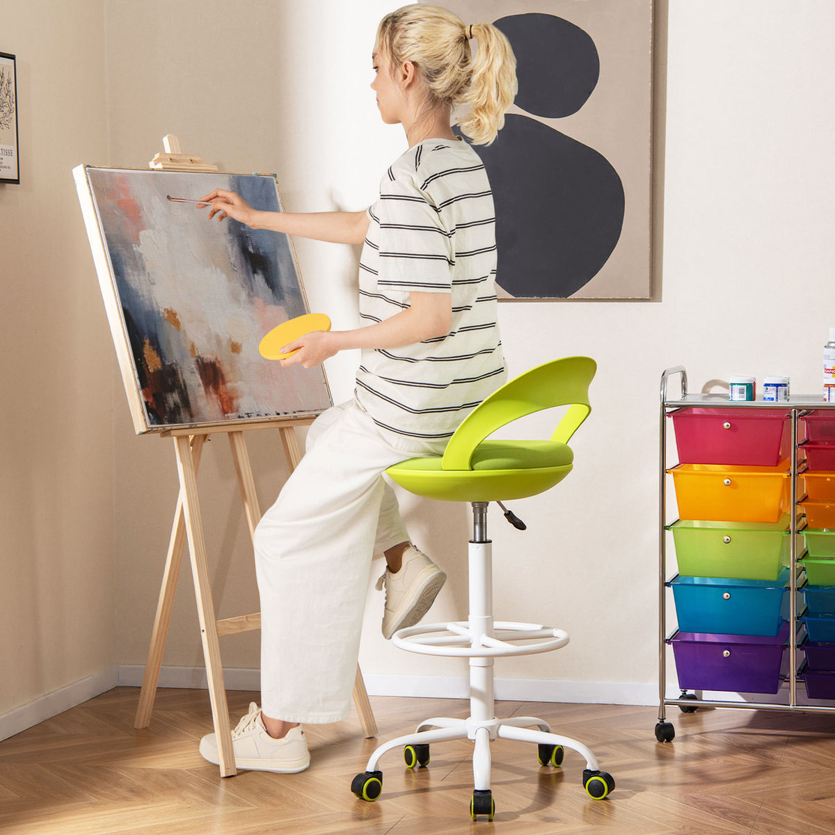 Rolling Tall Drafting Stool With Wheels, Green Armless Chairs at Gallery Canada