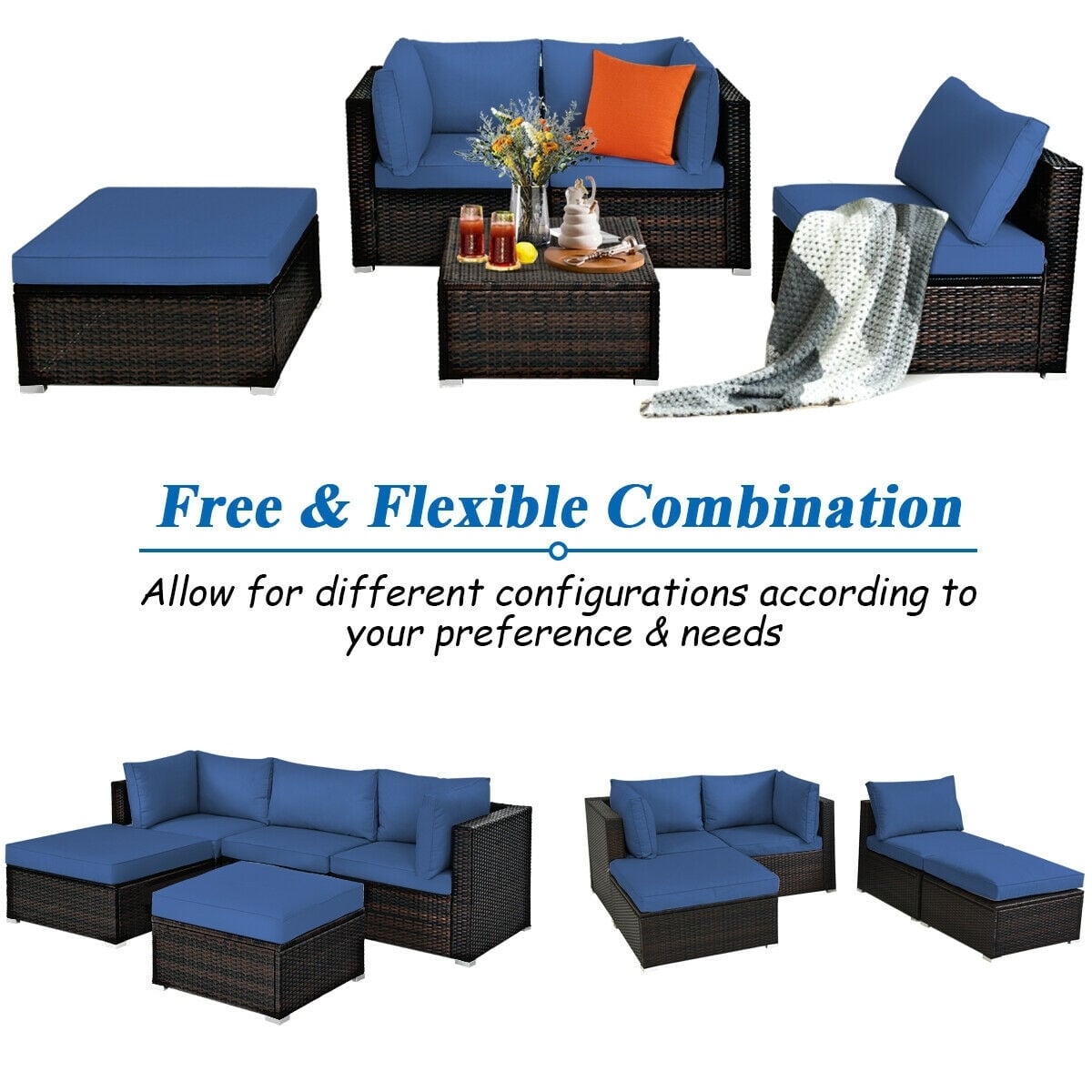 5-Piece Patio Rattan Sofa Set With Cushion And Ottoman, Navy Outdoor Sectionals at Gallery Canada