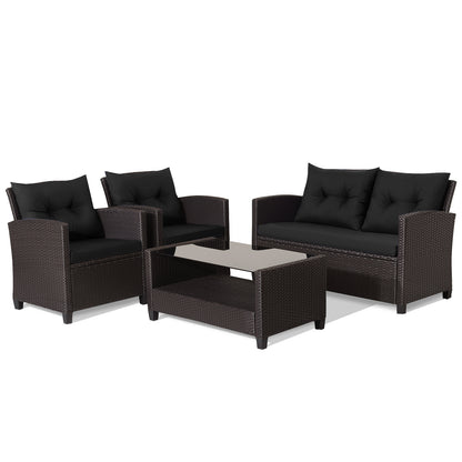 4 Piece Patio Rattan Furniture Set, Tempered Glass Table, Black Brown Patio Conversation Sets Black at Gallery Canada