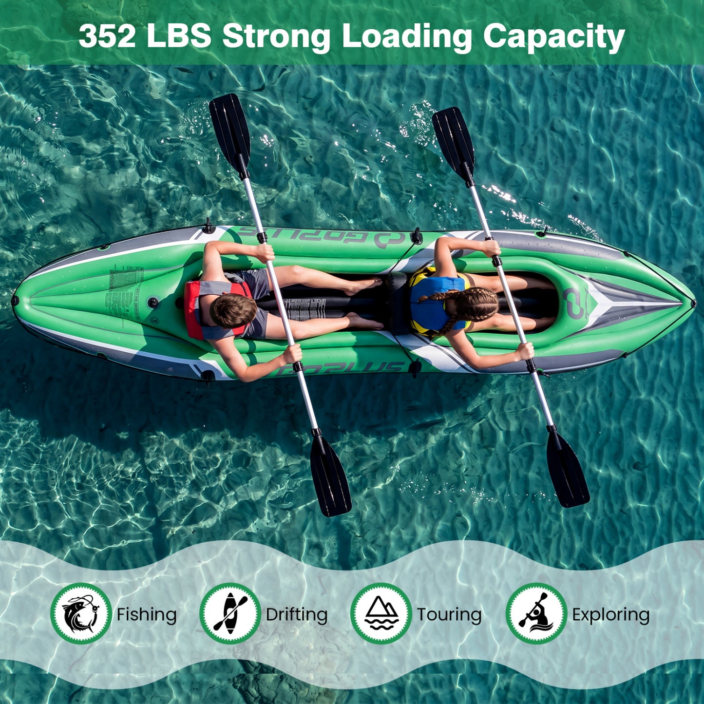 11.5 Feet Inflatable Kayak 2 Person Heavy Duty with Aluminum Paddles, Green Water Sports at Gallery Canada