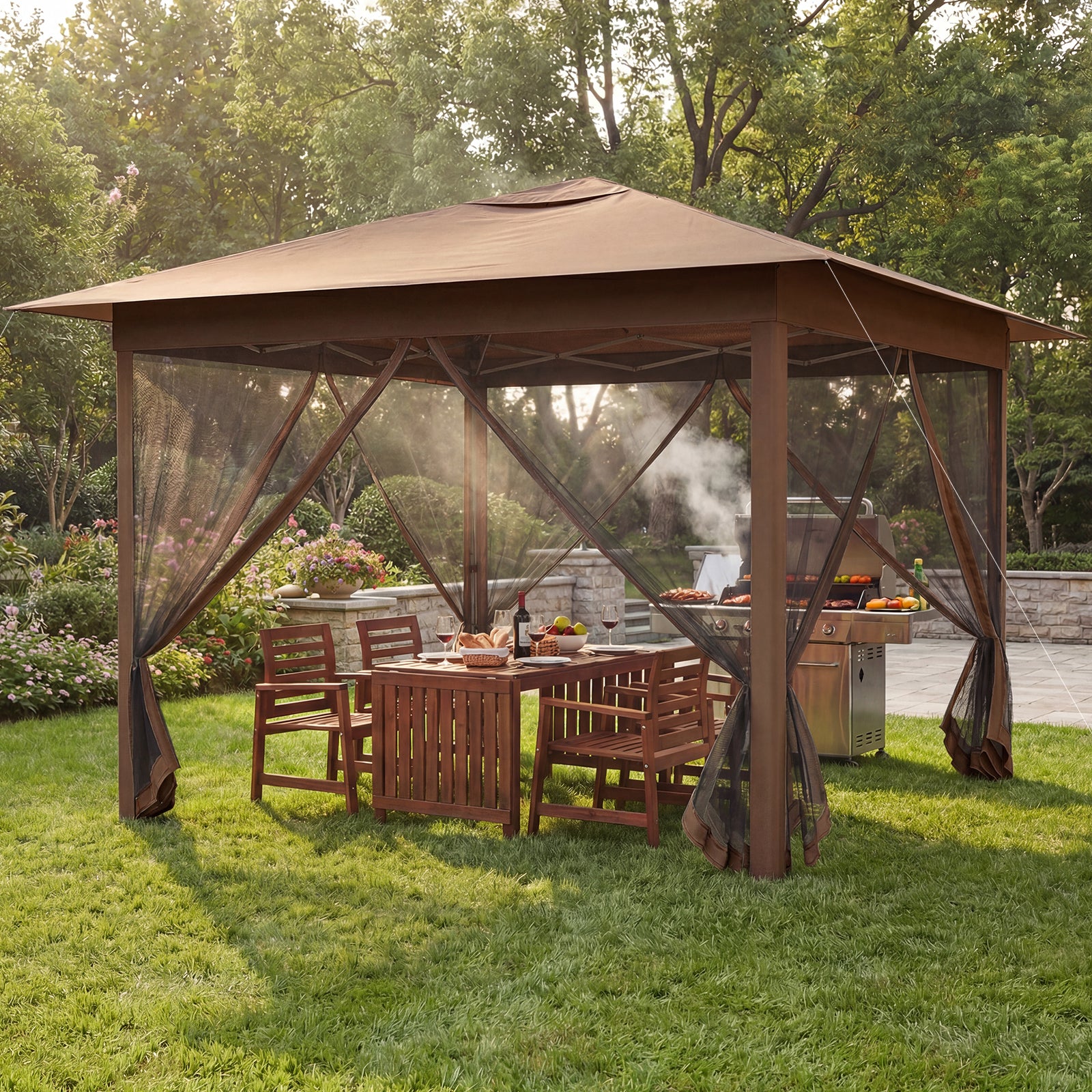 11.5 X 11.5 FT Pop-Up Canopy With Mesh Screen, Brown Canopies at Gallery Canada
