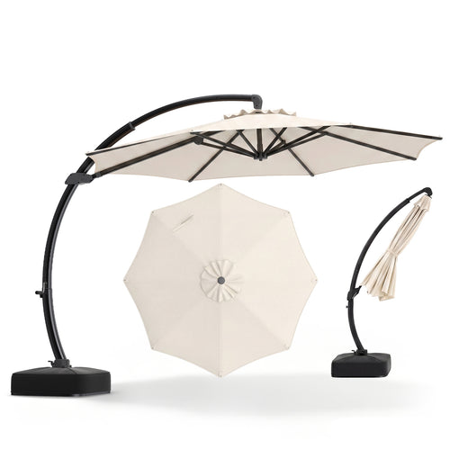 11 FT Cantilever Patio Umbrella with Base with 360° Rotation and Tilt Adjustment, Beige