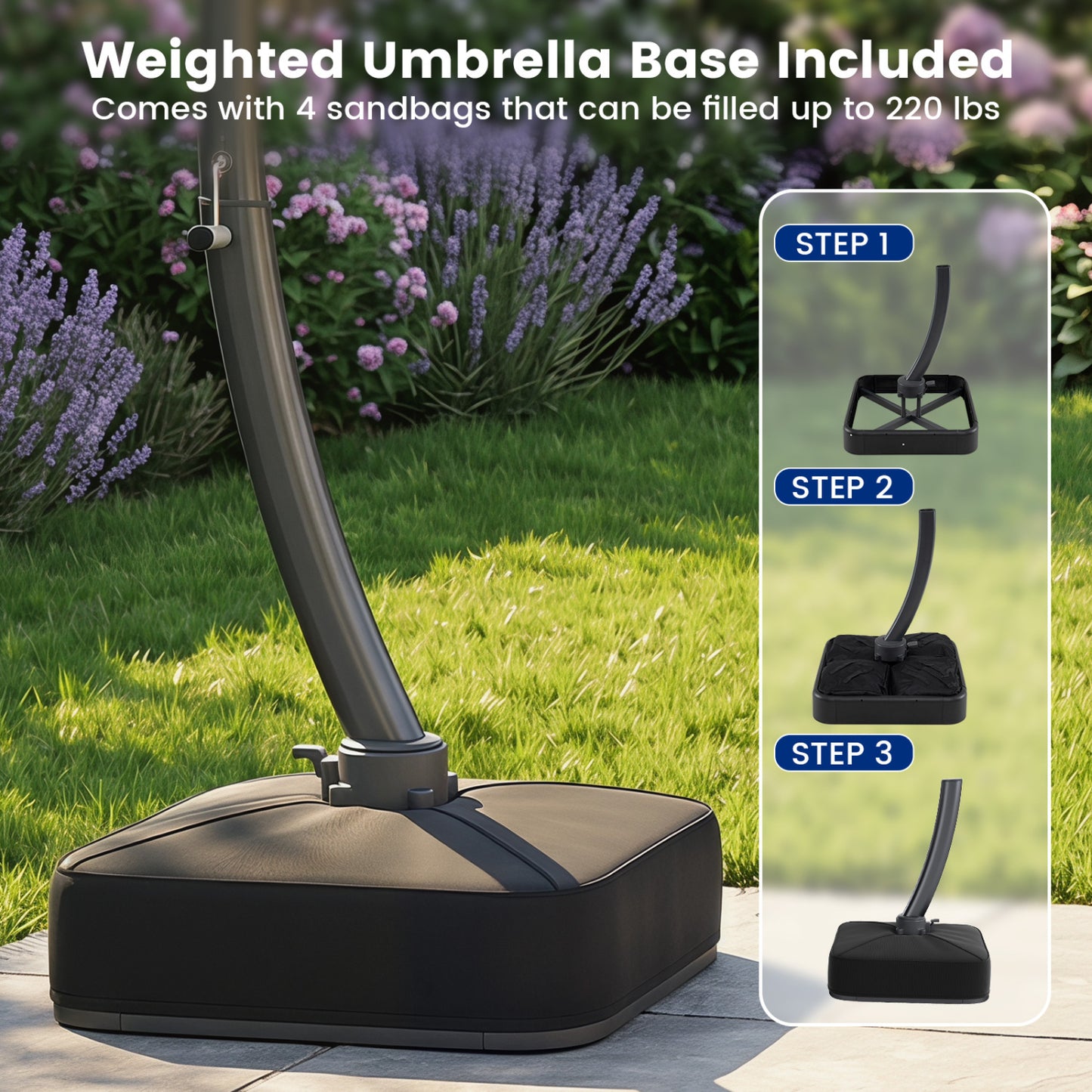11 FT Cantilever Patio Umbrella with Base with 360° Rotation and Tilt Adjustment, Navy Outdoor Umbrellas at Gallery Canada