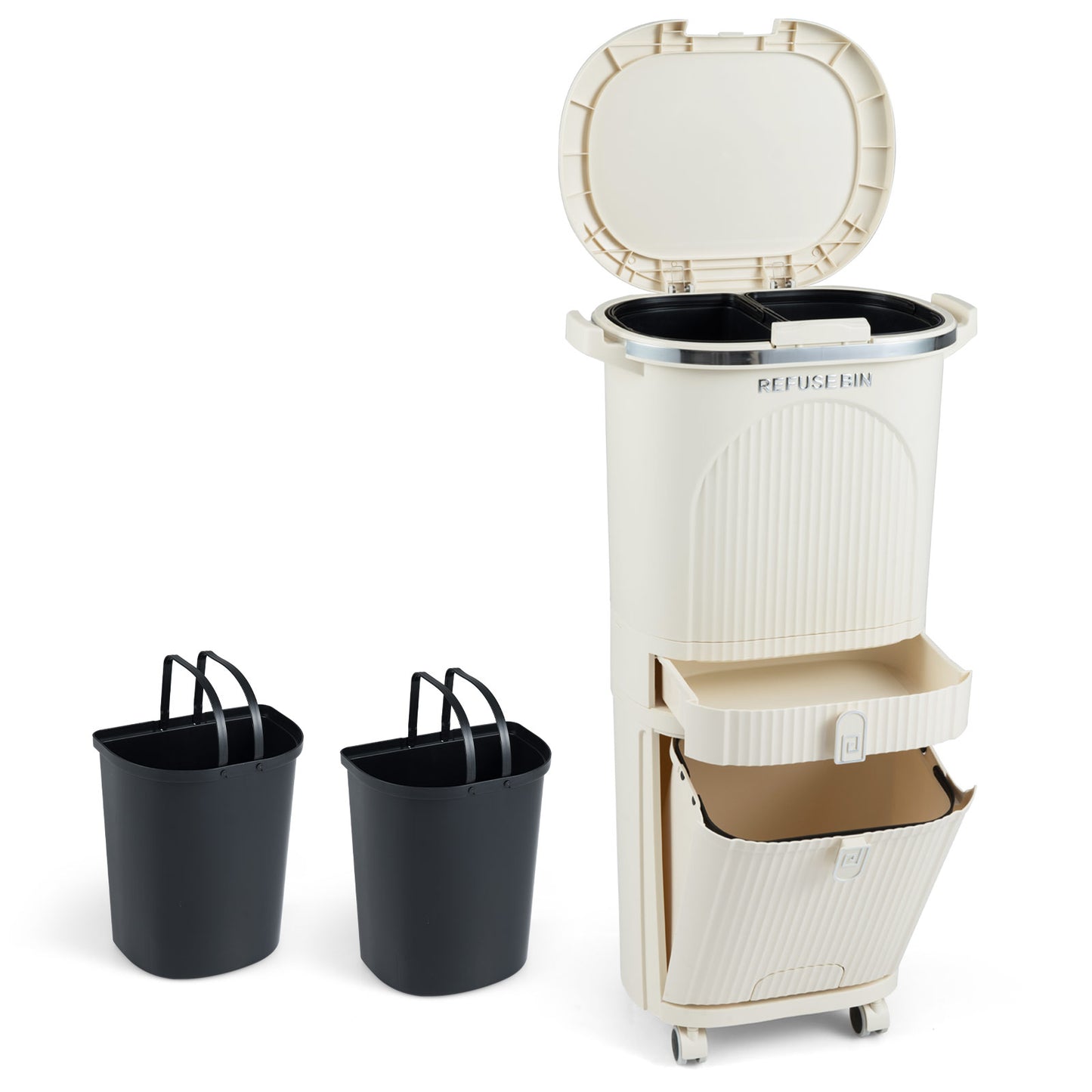11 Gallon Kitchen Trash Can, 3-Layer, Lid, 2 Removable Buckets, Beige Kitchen Trash Cans at Gallery Canada