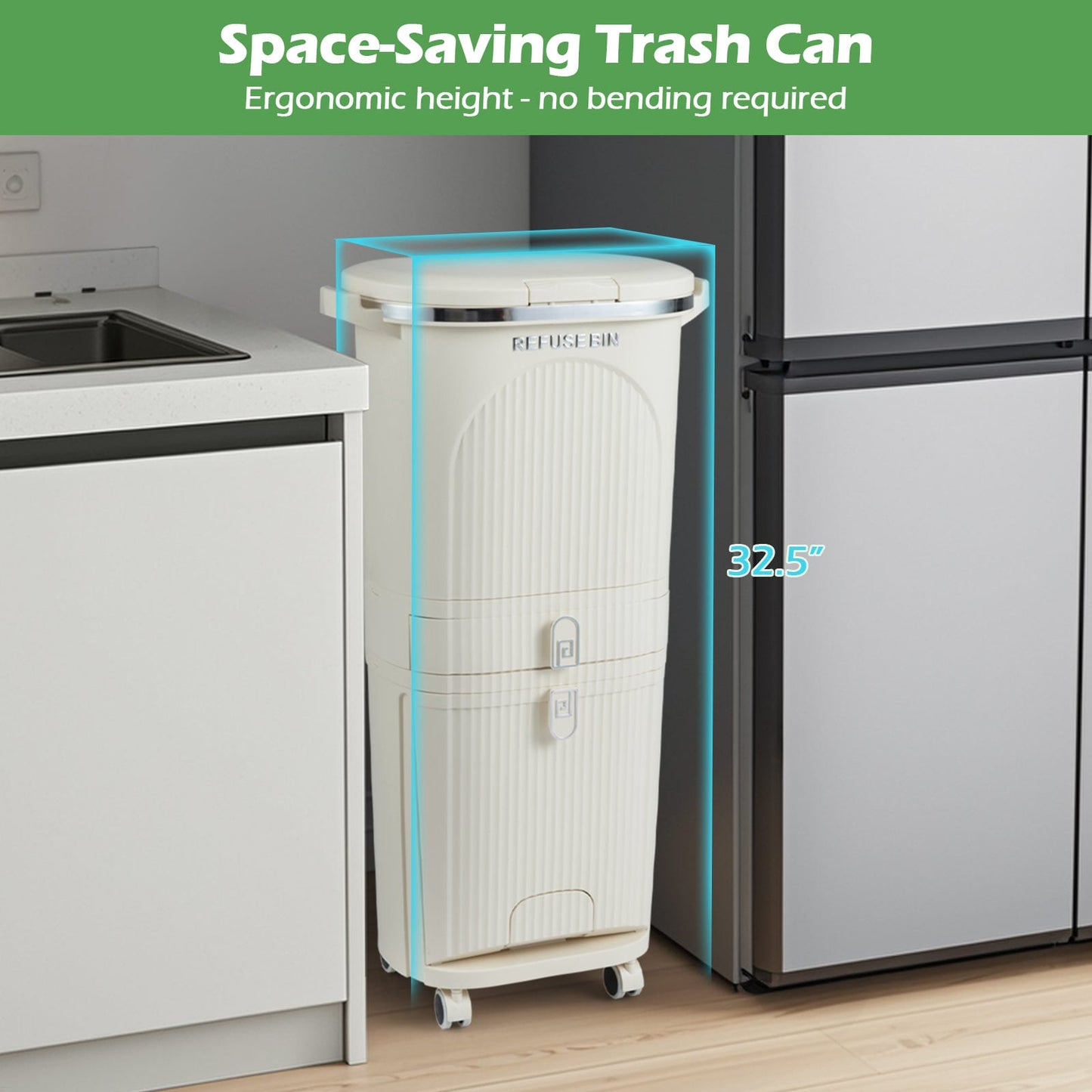 11 Gallon Kitchen Trash Can, 3-Layer, Lid, 2 Removable Buckets, Beige Kitchen Trash Cans at Gallery Canada