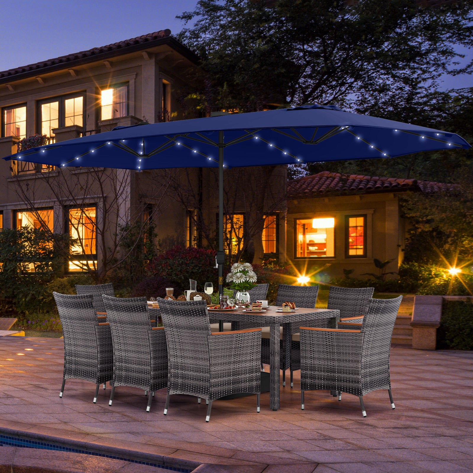 11-Piece Patio Dining Set, 15-Foot Double-Sided Umbrella, Navy Patio Dining Sets at Gallery Canada