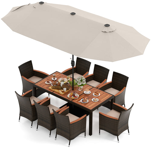 11 Piece Patio Dining Set, 15 Ft Double-Sided Umbrella, Beige