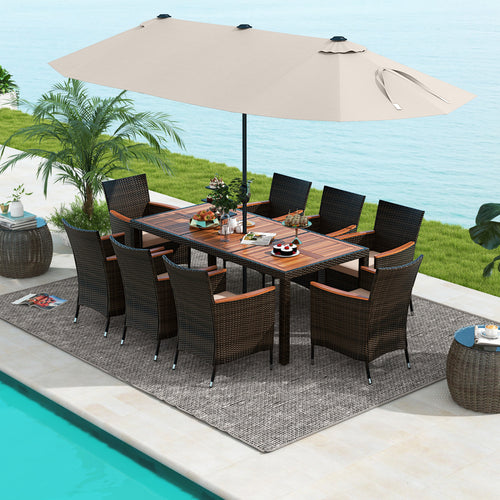 11 Piece Patio Dining Set, 15 Ft Double-Sided Umbrella, Beige