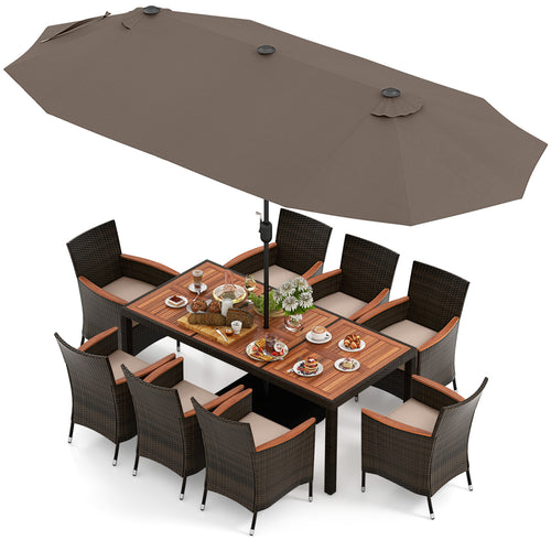 11 Piece Patio Dining Set, 15 Ft Double-Sided Umbrella With Base