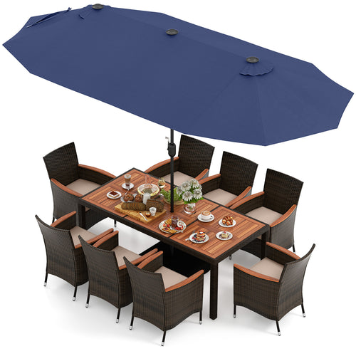 11 Piece Patio Dining Set, 15 Ft Double-Sided Umbrella, Navy