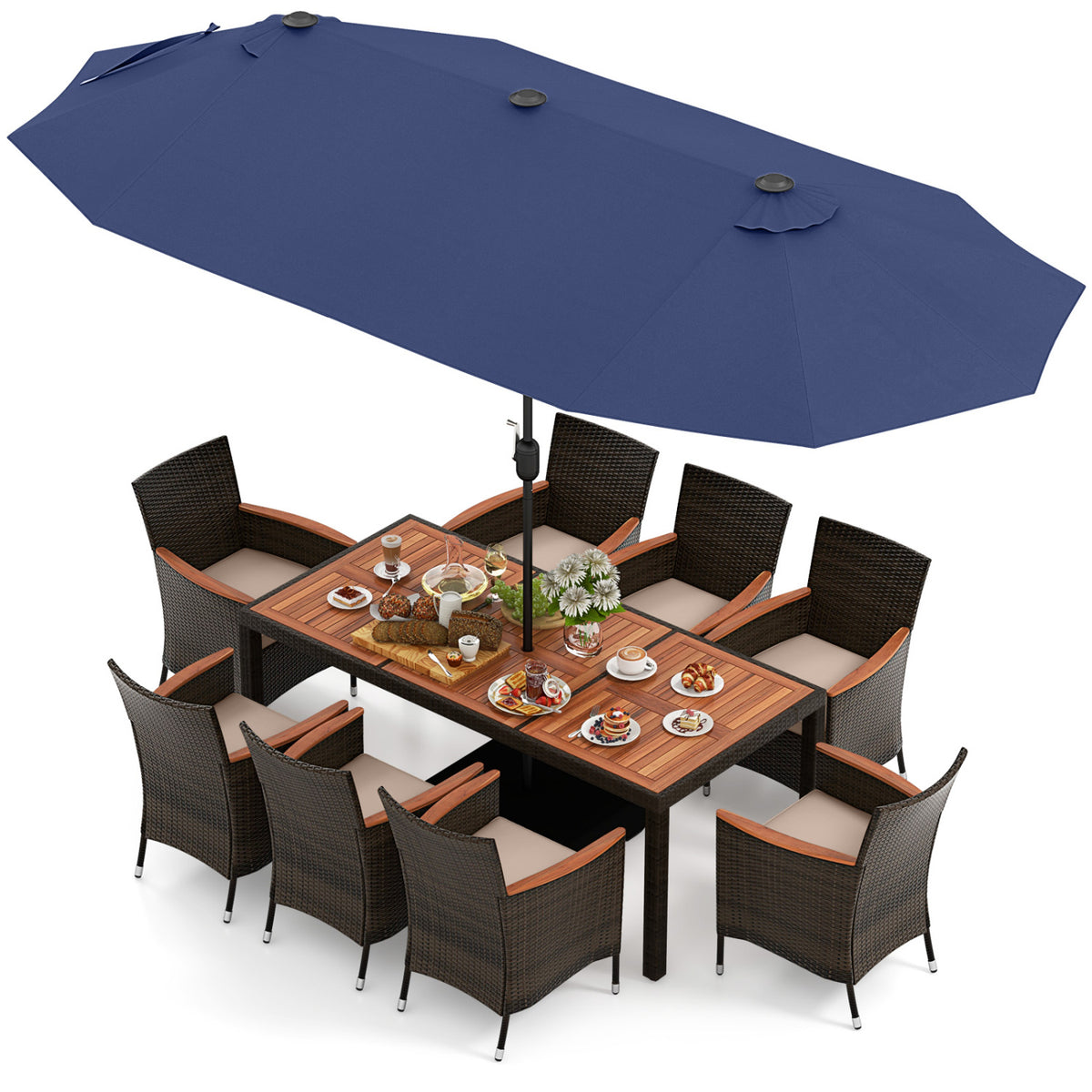11 Piece Patio Dining Set, 15 Ft Double-Sided Umbrella, Navy Patio Dining Sets at Gallery Canada