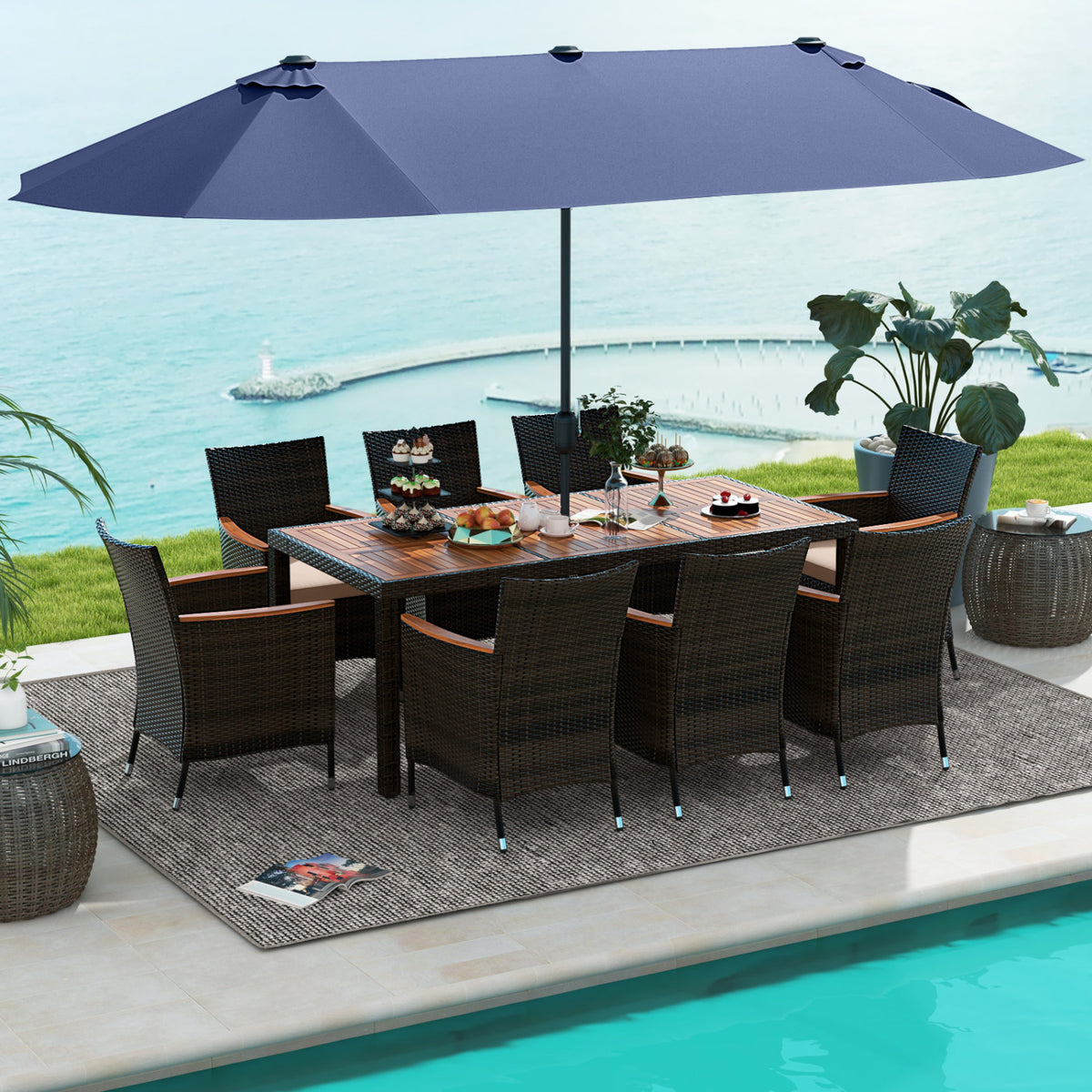 11 Piece Patio Dining Set, 15 Ft Double-Sided Umbrella, Navy Patio Dining Sets at Gallery Canada