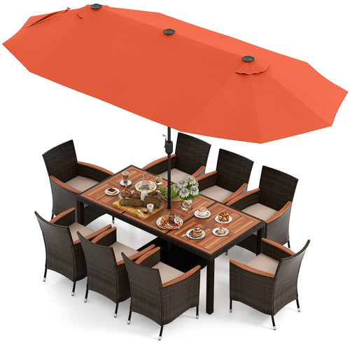 11 Piece Patio Dining Set, 15 Ft Double Sided Umbrella With Base, Orange