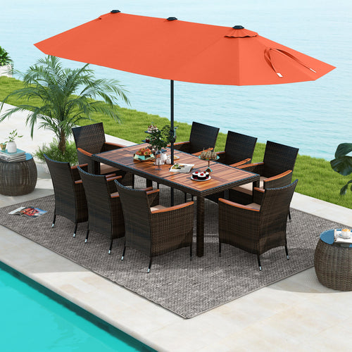 11 Piece Patio Dining Set, 15 Ft Double Sided Umbrella With Base, Orange