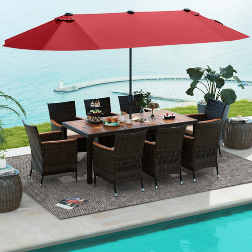 11-Piece Patio Dining Set, 15 Ft Double-Sided Umbrella, Wine