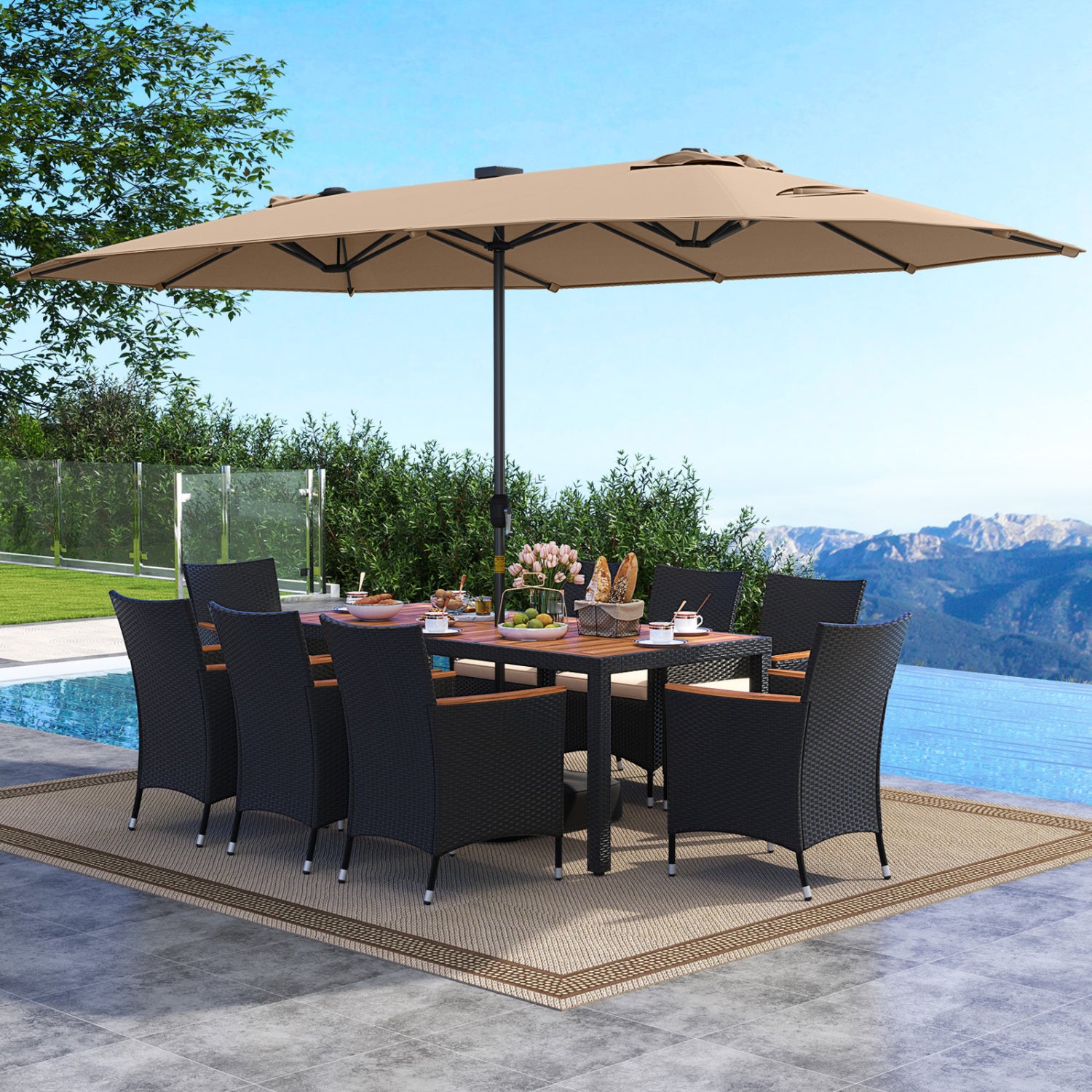 11 Piece Patio Dining Set With LED Umbrella, Base, Cushions, Beige Patio Dining Sets at Gallery Canada
