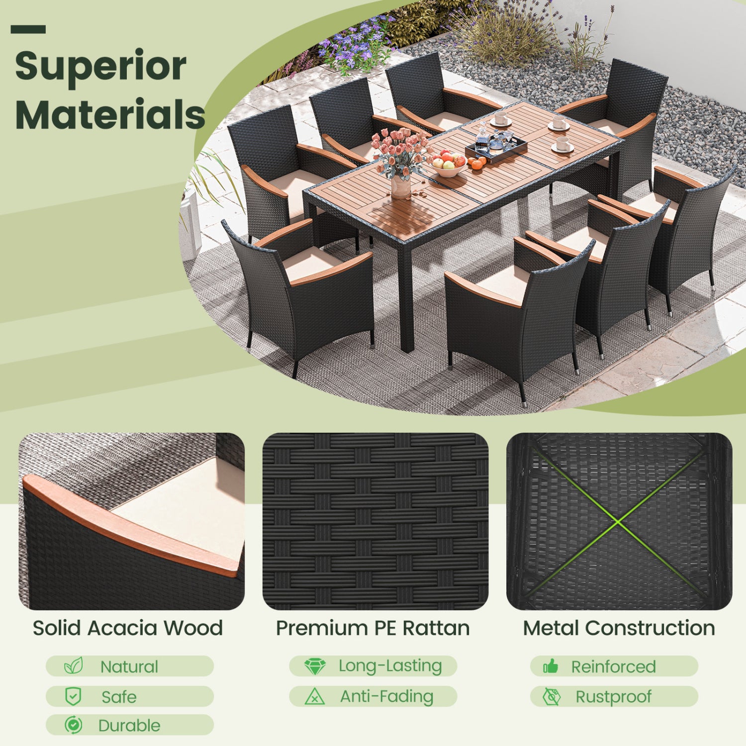 11 Piece Patio Dining Set With LED Umbrella, Base, Cushions, Beige Patio Dining Sets at Gallery Canada