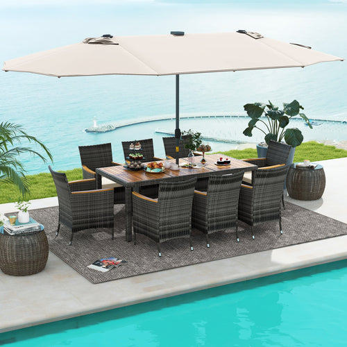 11-Piece Patio Dining Set, 15 Ft Umbrella Base, Beige