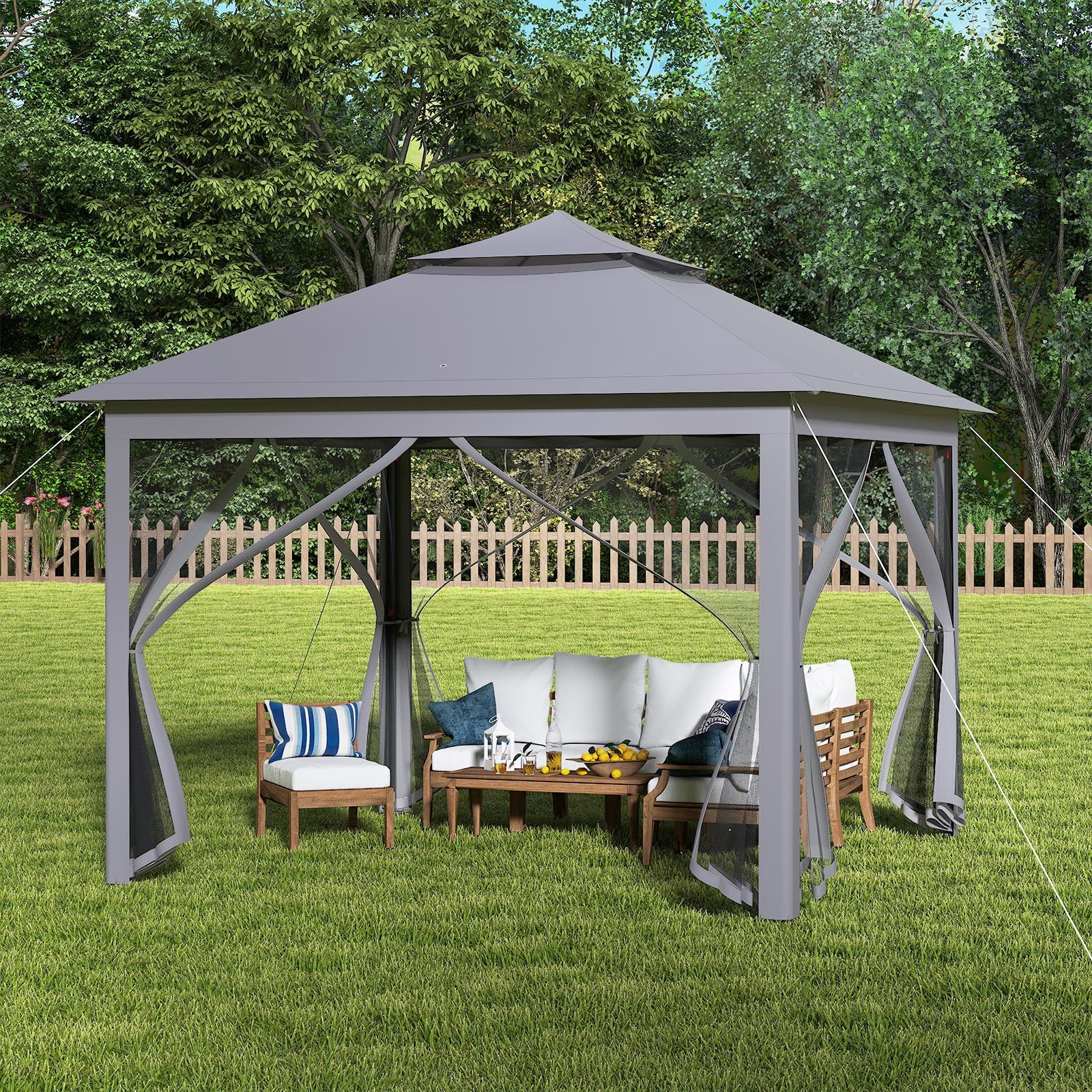 11 x 11 Feet 2-Tier Pop-Up Gazebo Tent Portable Canopy Shelter Carry Bag Mesh, Gray Gazebos at Gallery Canada