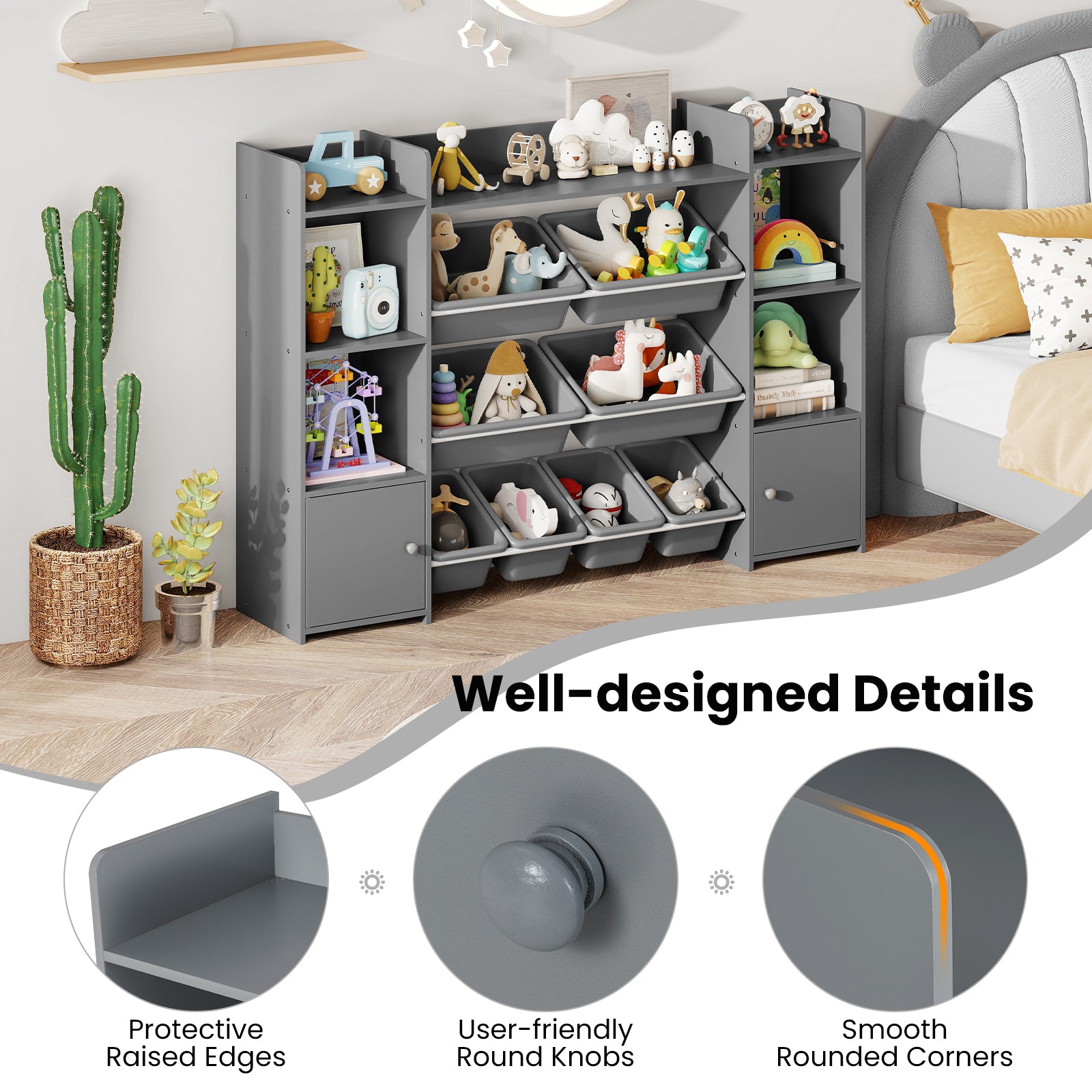 56 Inch Large Toy Storage Organizer, 8 Removable Bins, Bookshelf, Gray Kids Storage at Gallery Canada