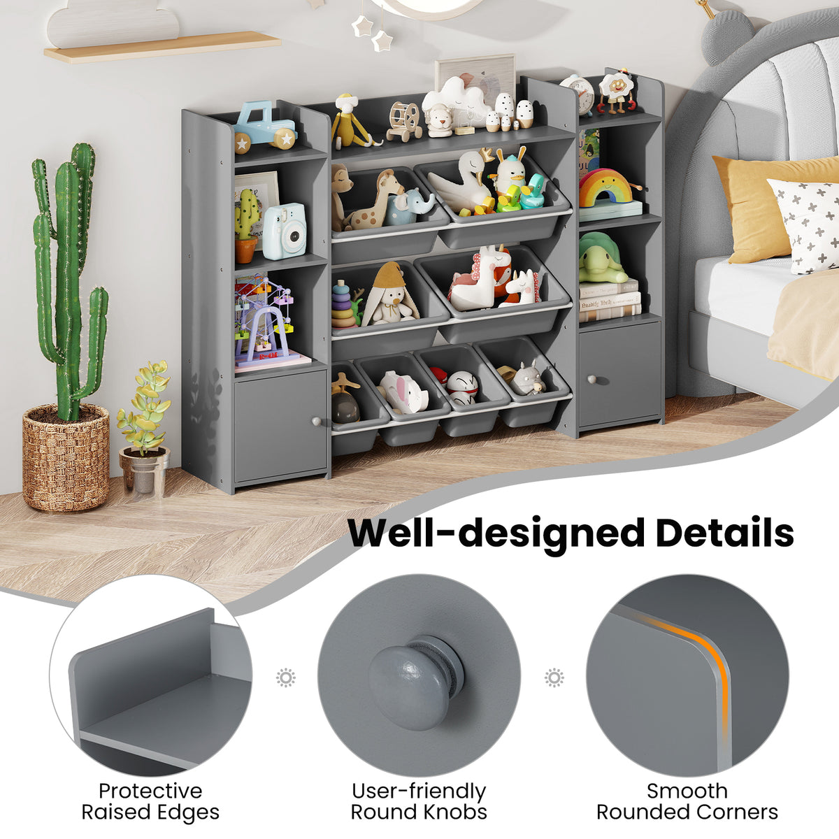 56 Inch Large Toy Storage Organizer, 8 Removable Bins, Bookshelf, Gray Kids Storage at Gallery Canada