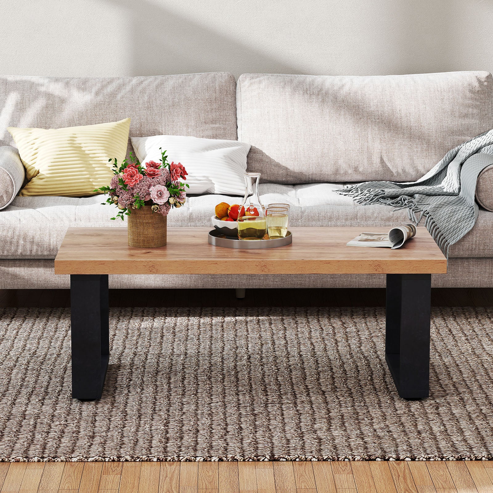 47 Inch Farmhouse Coffee Table, Thickened Tabletop, Natural Wood Texture, Oak Coffee Tables at Gallery Canada