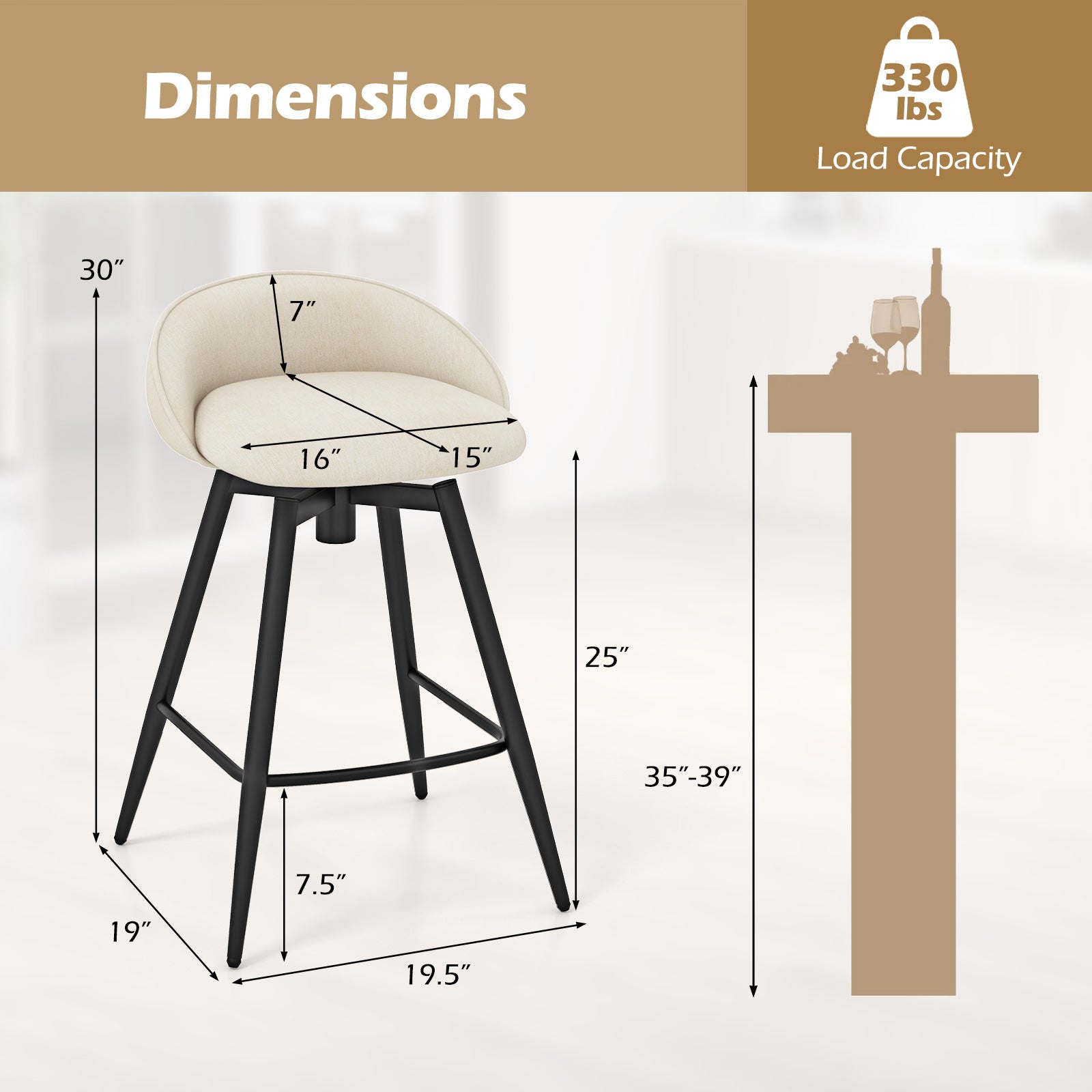 Upholstered Bar Stools Set of 2, Footrest and Backrest, Beige Bar Stools at Gallery Canada