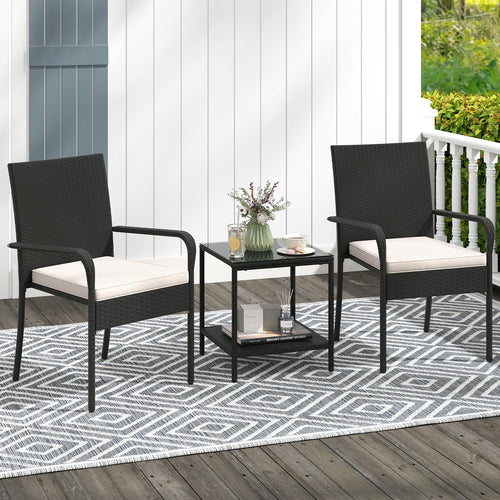 3 Piece Patio Furniture Set, With Seat Cushions And Tempered Glass, White