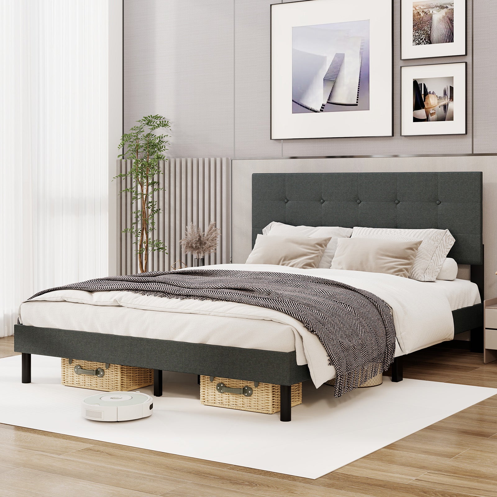 Queen Size Upholstered Bed Frame, Platform Bed, Dark Gray Simple Bed Frame at Gallery Canada