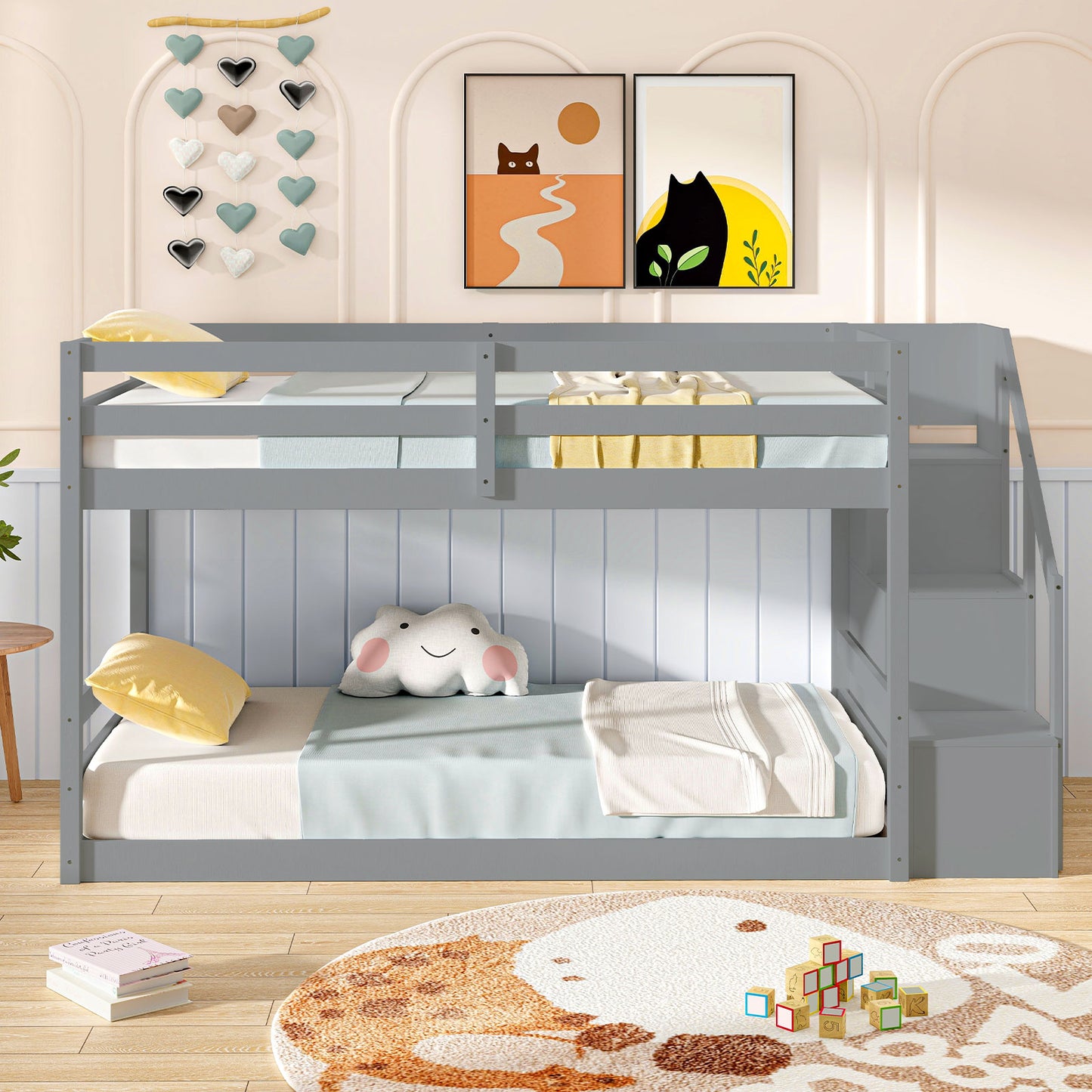 Twin Over Twin Low Bunk Bed With Storage Stairs, Solid Wood Frame, Gray Bunk Bed Frame at Gallery Canada