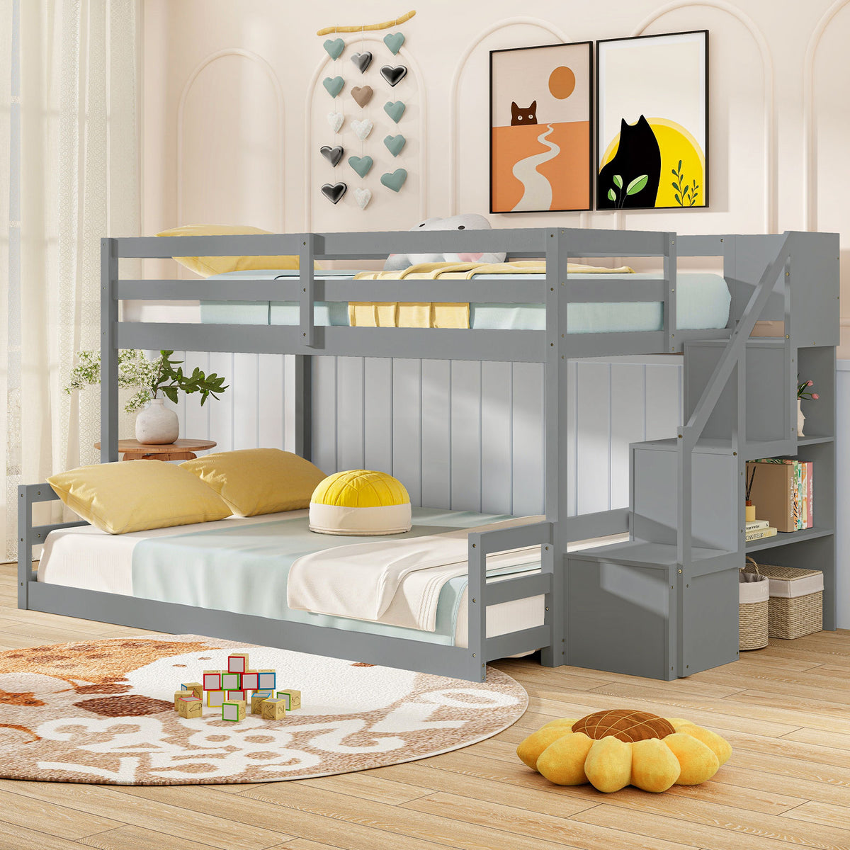 Solid Wood Twin Over Full Low Bunk Bed With Storage Stairs, Gray Bunk Bed Frame at Gallery Canada