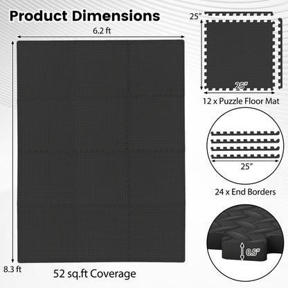 12 Tiles, 1/2 Inch Puzzle Exercise Floor Mats, Black Yoga Accessories at Gallery Canada
