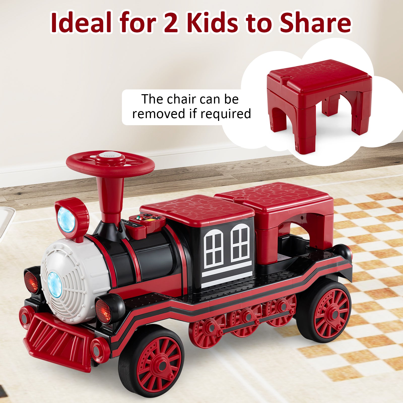 12V 2-Seater Ride on Toy with Train Whistle and Removable Chair, Red Powered Ride On Toys at Gallery Canada