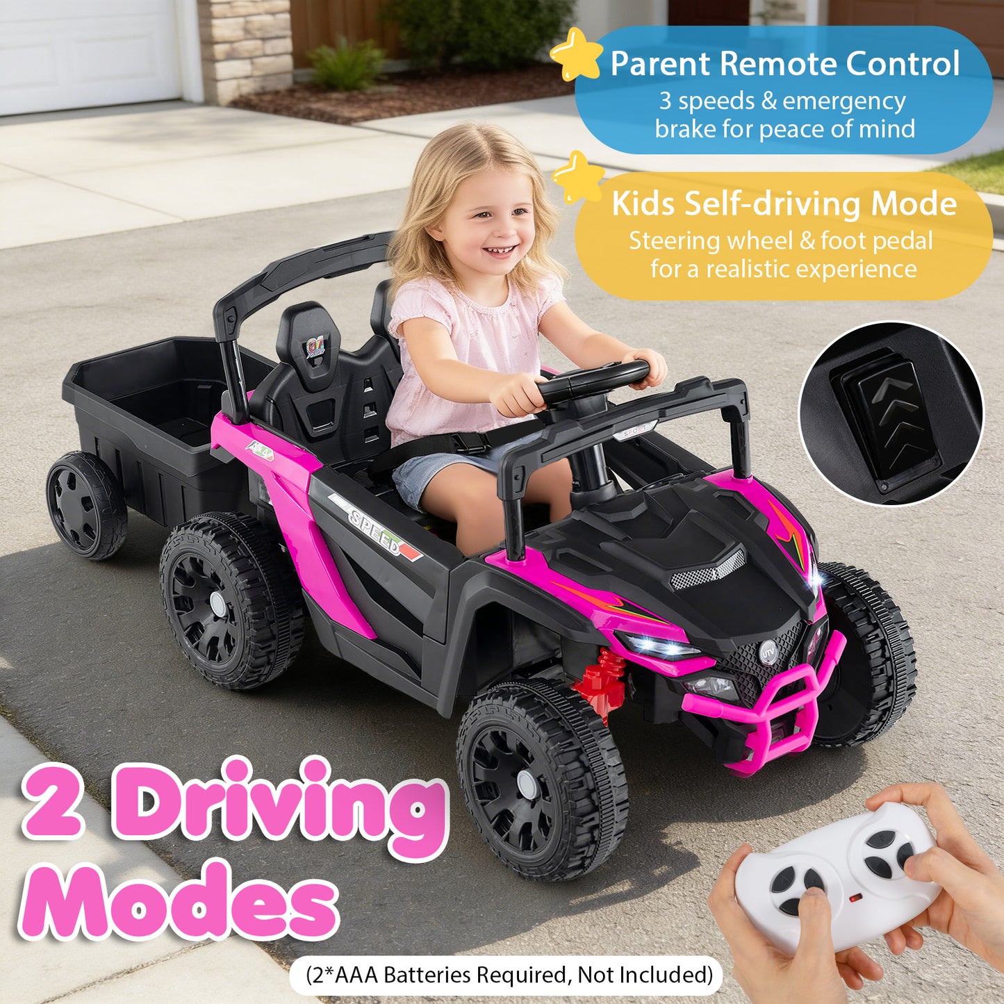 12V Battery Powered Ride On Tractor with Parent Remote Control-MH, Black & Pink Powered Ride On Toys at Gallery Canada