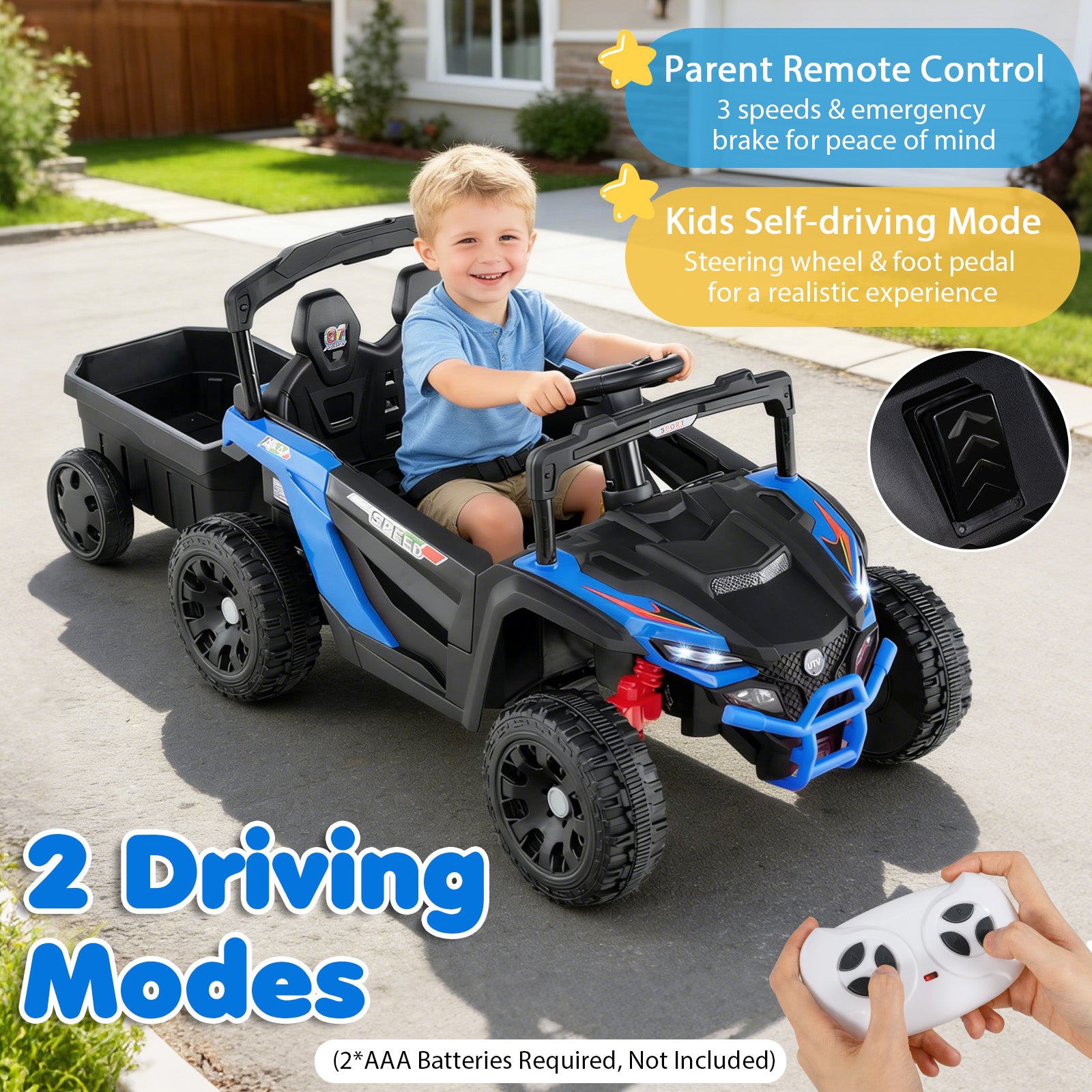 12V Battery Powered Ride On Tractor with Parent Remote Control-NY, Black & Blue Powered Ride On Toys at Gallery Canada