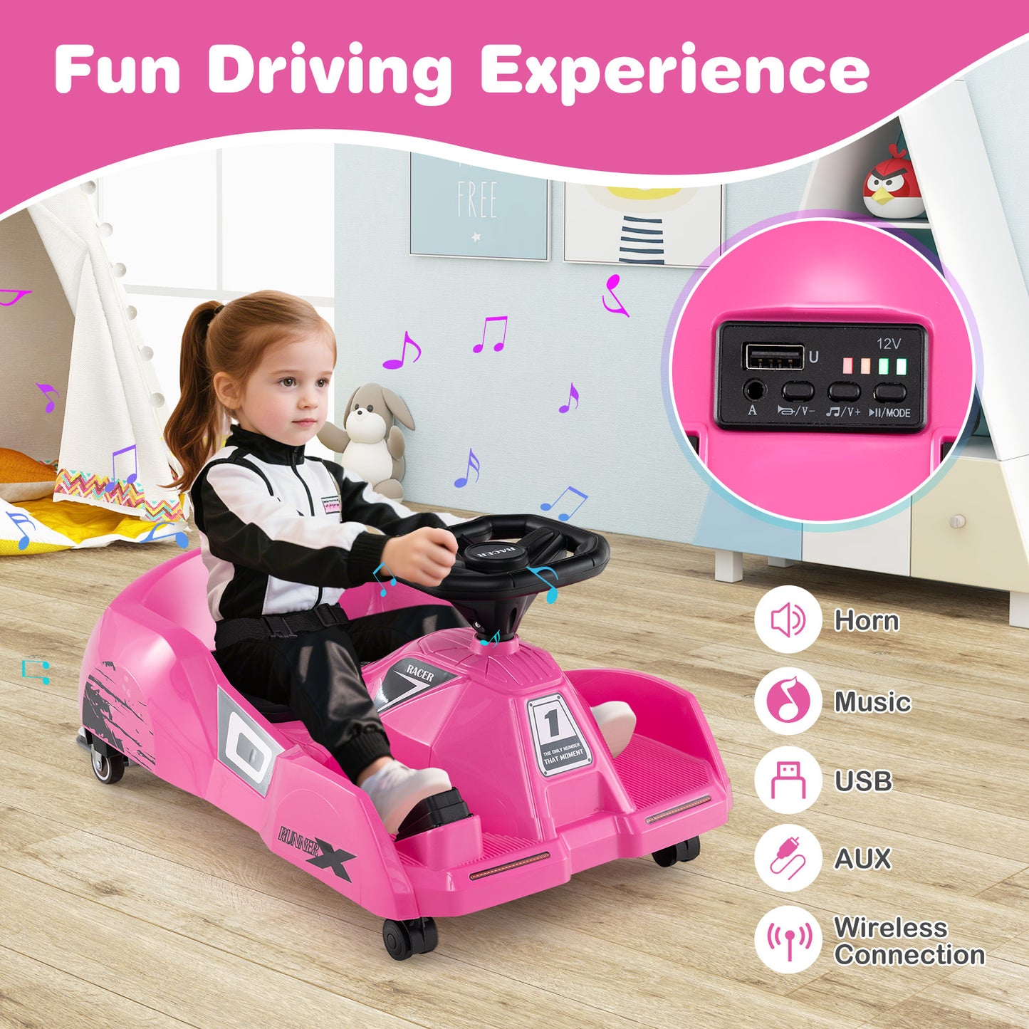 12V Electric Go Kart, Detachable Mop, Remote Control, Pink Powered Ride On Toys at Gallery Canada
