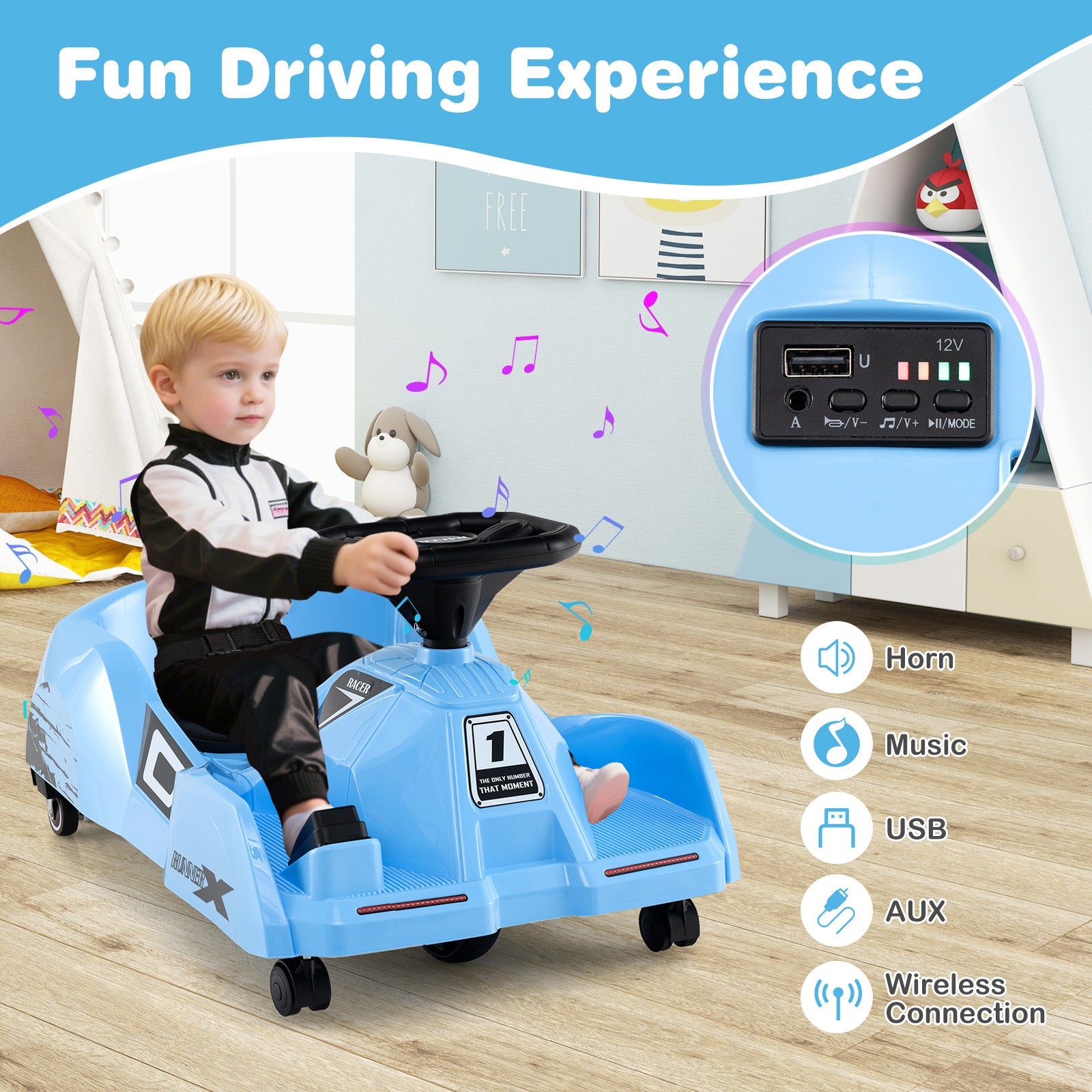 12V Electric Go Kart, Detachable Mop, Remote Control, Blue Powered Ride On Toys at Gallery Canada